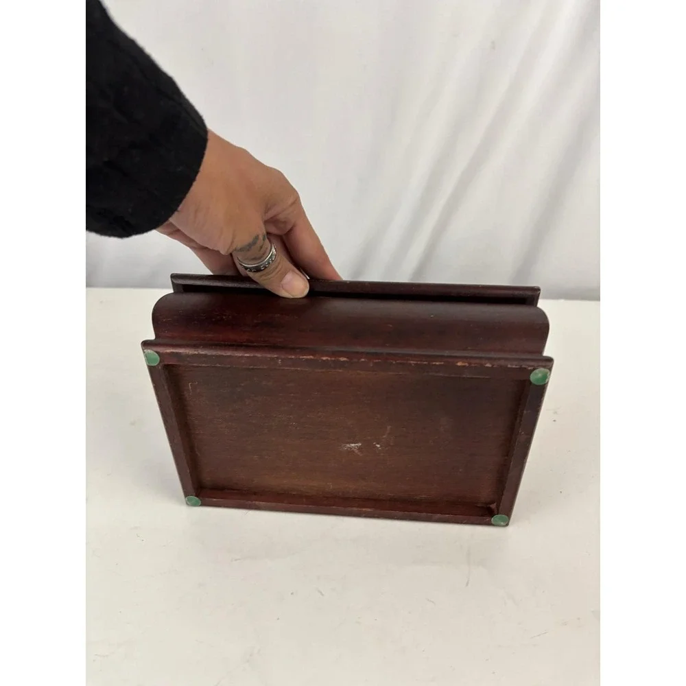 Vintage Wooden Jewelry Box Floral Tapestry Top Mirror‎ Vanity Keepsake Box